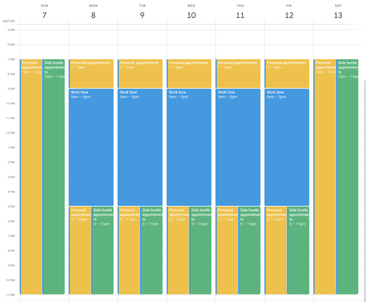 view of a regular week calendar containing work, personal and side hustle time